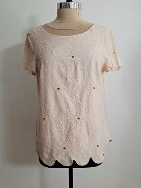 Ann Taylor LOFT Sz L Eyelet Embroidered Floral Lace Scalloped Blouse Top